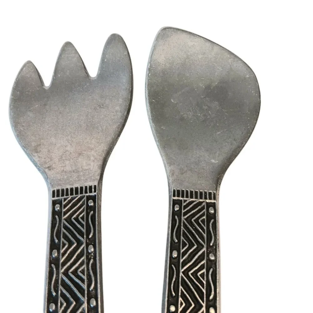 Wilton Armetale Pewter Serving Utensils Spoon & Fork Black & Silver Aztec Design